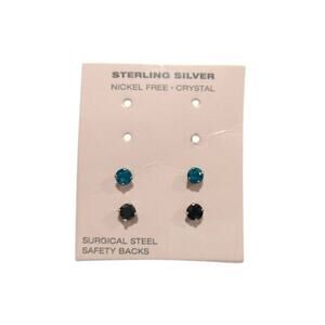 925 Sterling Silver Stud Earrings 2pcs Black/Blue Crystal Surgical Steel Posts